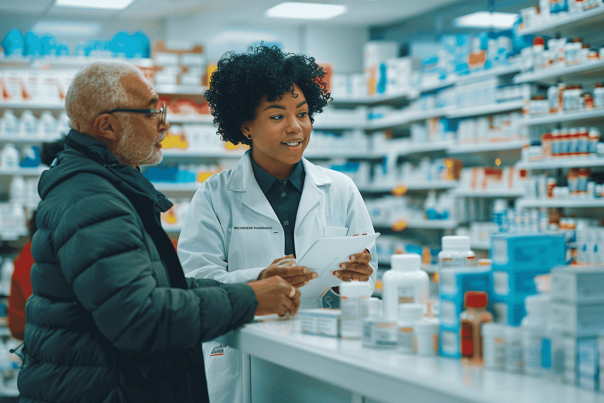 A Belvedere pharmacist helping a patient in the pharmacy